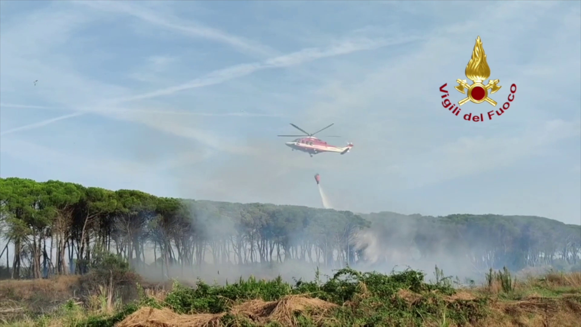 Incendio in pineta a Ravenna, in azione elicottero Vigili del Fuoco